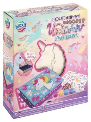DIY TRÆ ENHJØRNING SMYKKEÆSKE INKL. 6 FARVER OG STICKERS